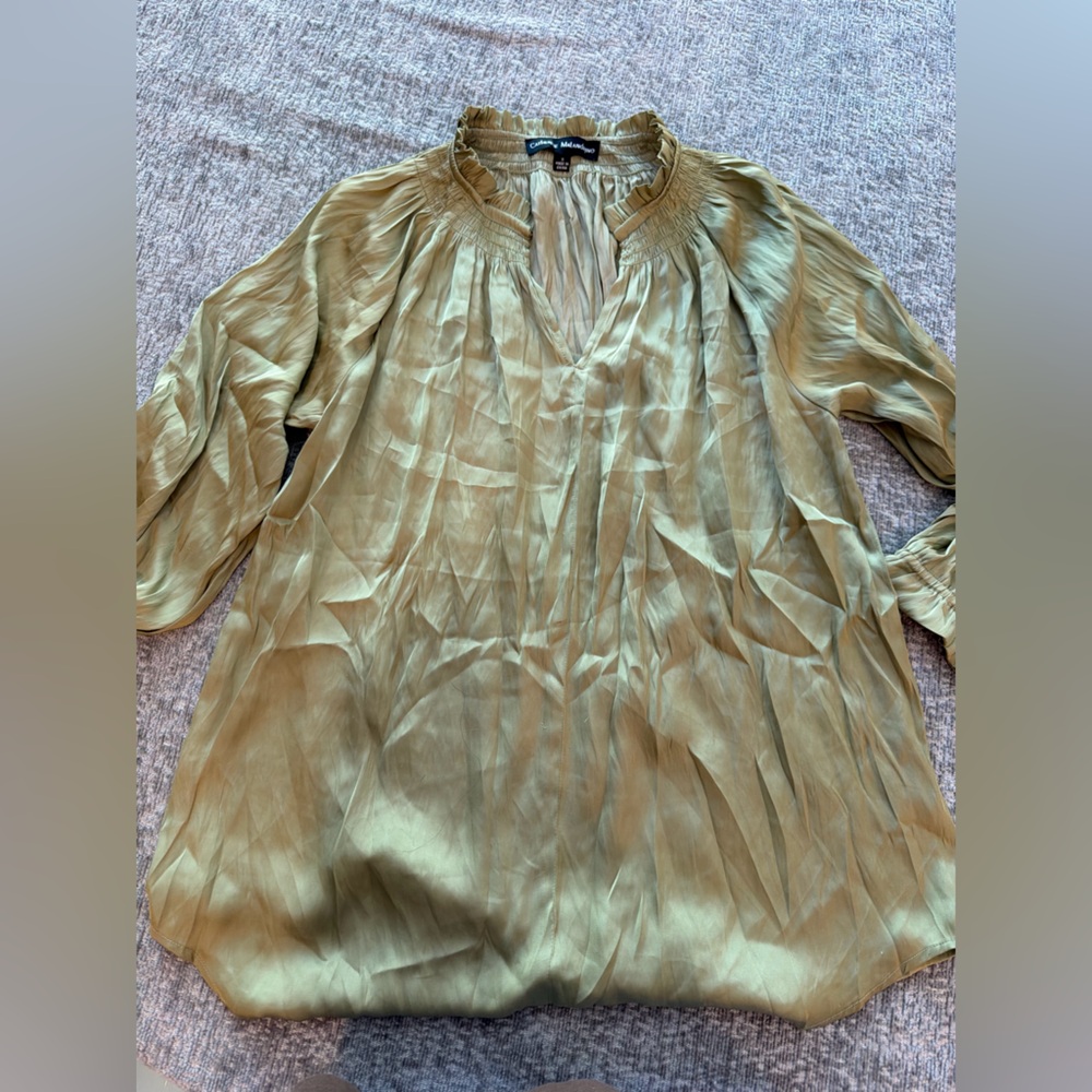 Catherine Malandrino Olive Green Pleated V-Neck Blouse